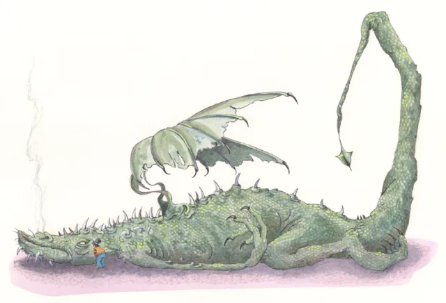Illustration of a large green dragon and small winged creature by Marieke Nelissen