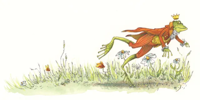 Illustration of a frog prince running in a grassy field Marieke Nelissen
