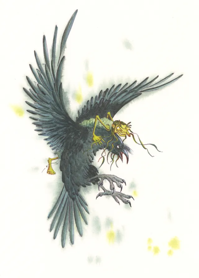Illustration of a flying crow character from Hotel Zweefkees by Marieke Nelissen