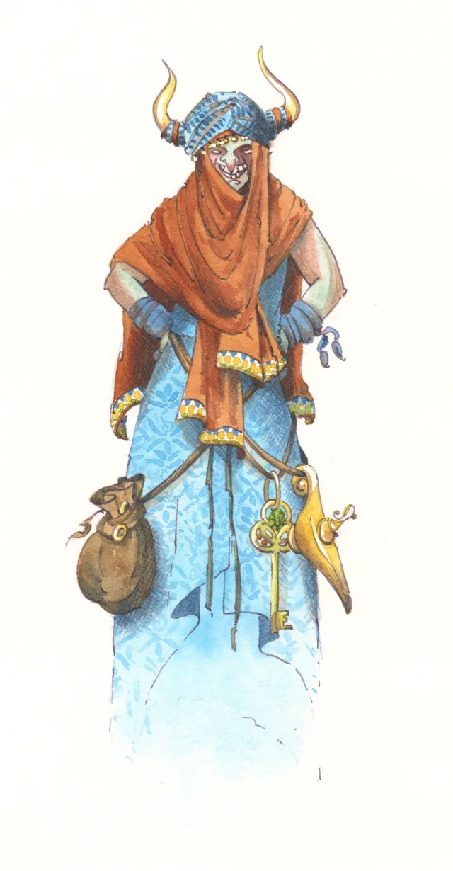 Masked character in horned helmet and blue robe holding bag and keys by Marieke Nelissen