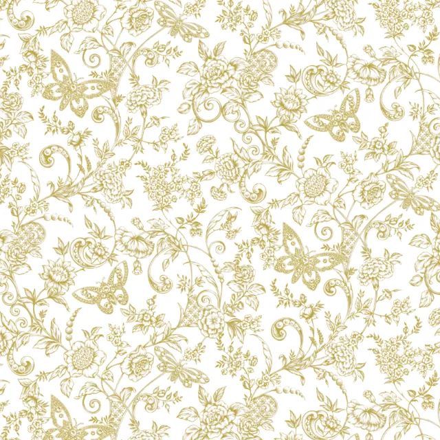 Gold butterfly and floral pattern on white background by Svetlana Molodchenko