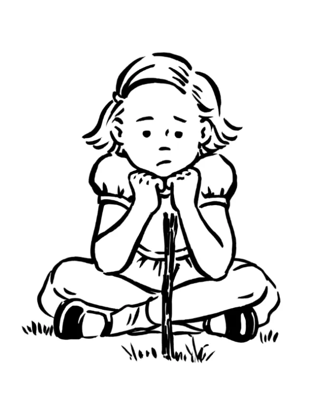 Sad young girl sitting cross-legged on grass holding a stick by Ruth Palmer