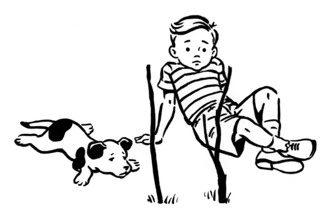 Illustration of a boy tangled in a dog leash by Ruth Palmer