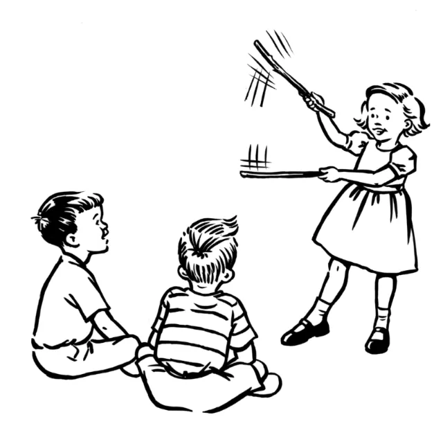 Children learning at chalkboard in black and white illustration by Ruth Palmer