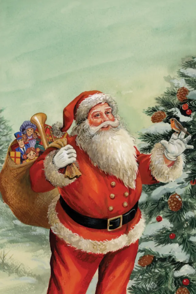 Vintage Santa Claus holding presents by a Christmas tree by Ruth Palmer