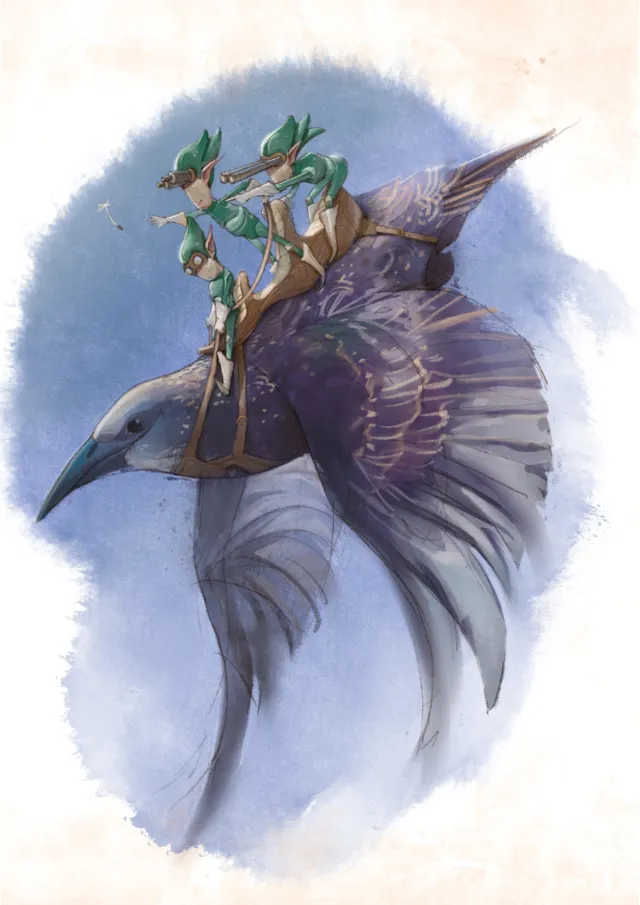 Fantasy image of fairies riding a large starling bird by Tom Bonson