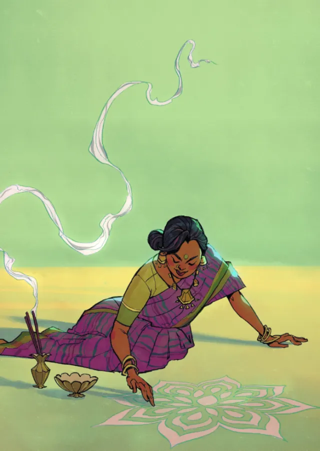 Woman in traditional sari making rangoli art next to incense smoke by Jui Talukder