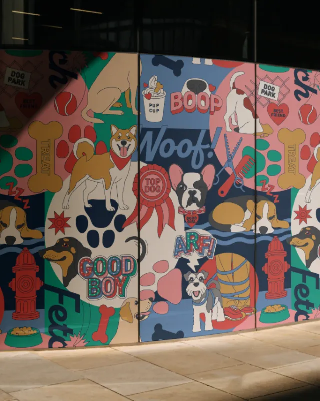 Colorful dog mural illustration with playful text by Season of Victory