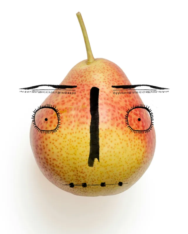 Pear with a face drawn on it by Nadia Flower