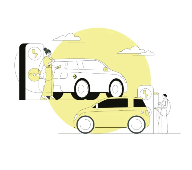 Electric cars being charged at a station by people, illustration by Tobias Wandres