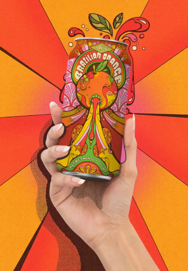 Psychedelic drink can with Brazilian Orange flavor by Laura Greenan