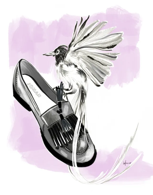 Illustration of a bird sitting on a black loafer shoe by Elly Azizian