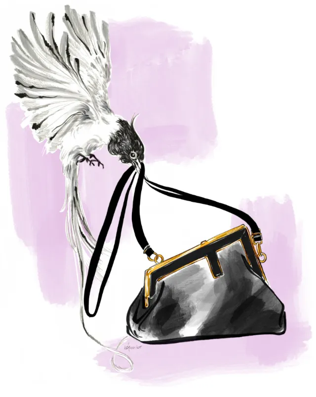 Black and white bird carrying a black handbag by Elly Azizian