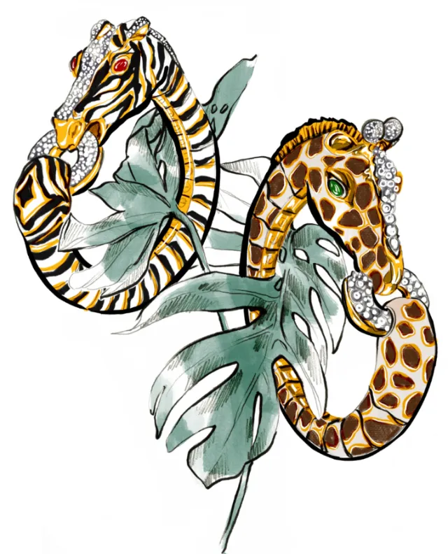 Seahorses with zebra and giraffe patterns surrounded by leaves by Elly Azizian