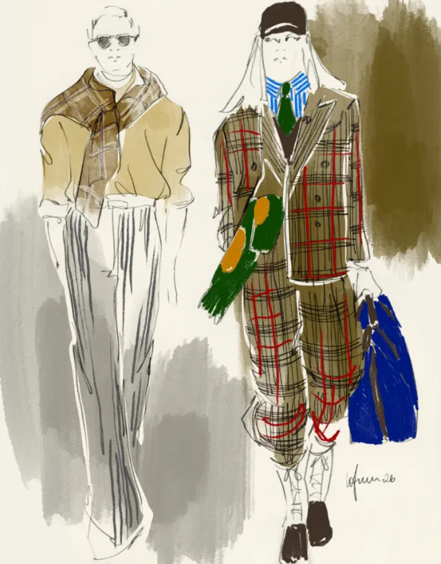 Fashion illustration of two figures in plaid outfits by Elly Azizian