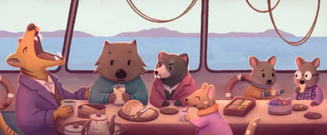 Mural of Tasmanian animals dining together by Momo Sugimoto