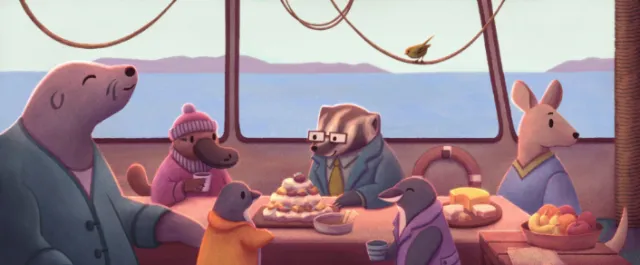 Mural of Tasmanian animals dining inside a bus by Momo Sugimoto