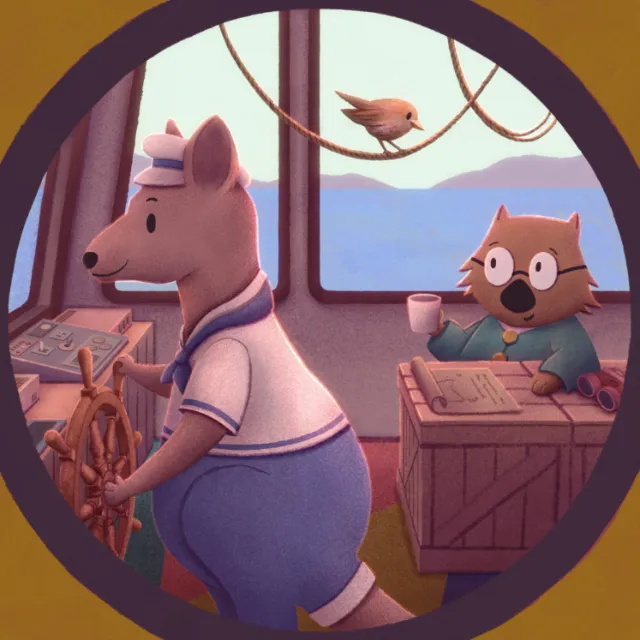 Anthropomorphic Tasmanian animals in ship cabin mural by Momo Sugimoto