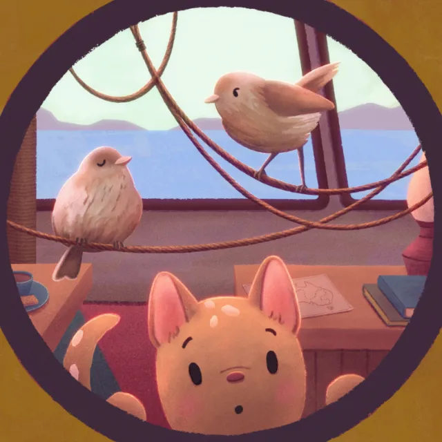 Illustration of a dog and birds on a mural by Momo Sugimoto