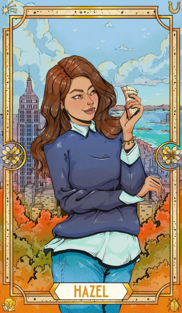 Hazel holding a tarot card with city and water background by Chelsy Escalona