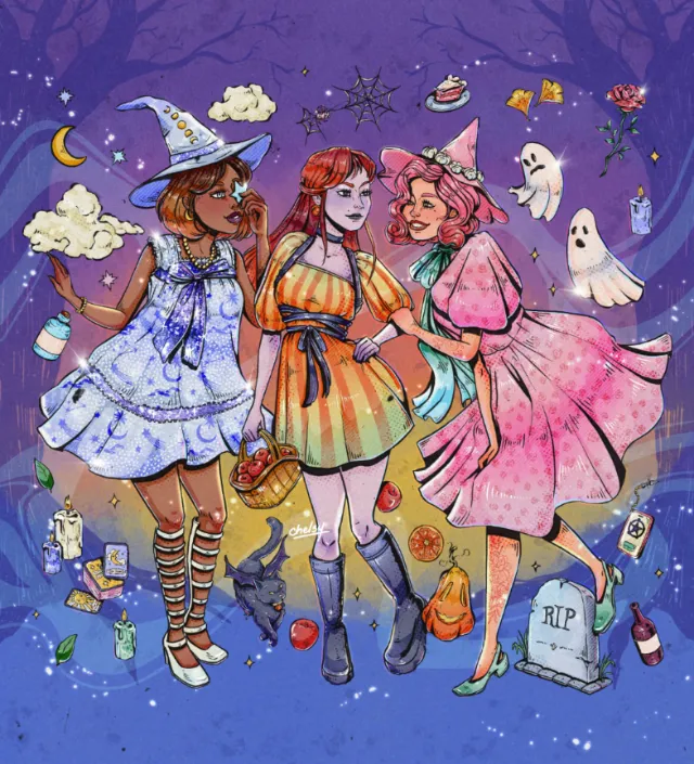 Three women in colorful Halloween costumes with ghosts and spooky elements, by Chelsy Escalona