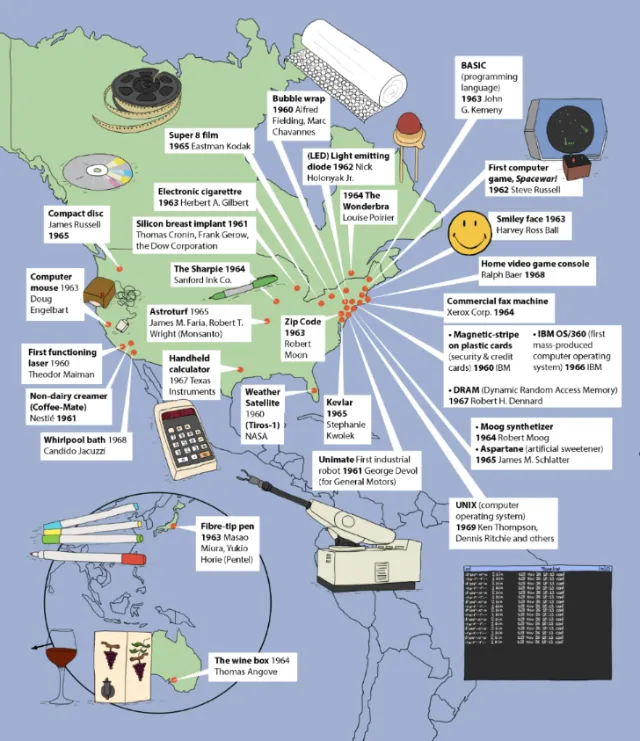 Map highlighting key 1960s inventions worldwide by Claire Rollet