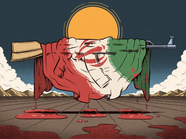 Illustration showing bloodied Iranian flag wrapped on a rifle, sunset background by Philipp Beck