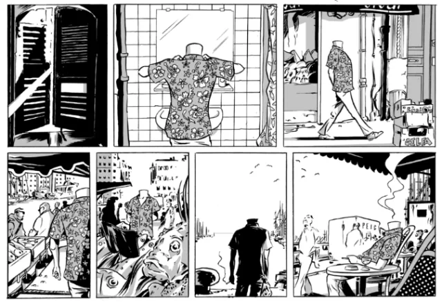 Black and white comic strip panels showing daily scenes by Thilo Rothacker