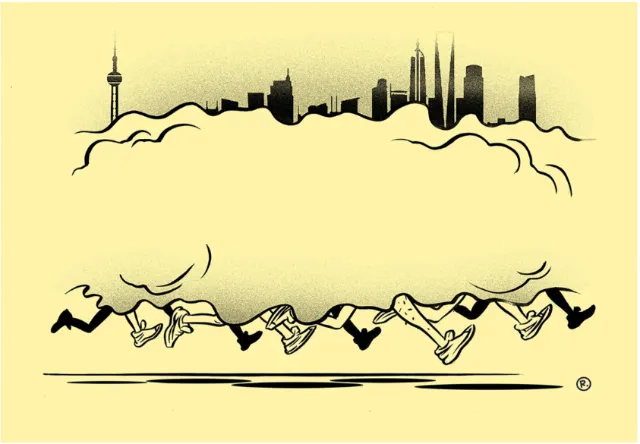 City skyline above clouds with detailed running legs illustration by Thilo Rothacker