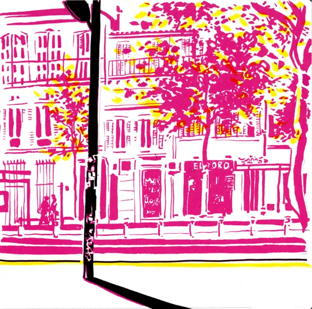 Stylized urban street scene with pink trees and buildings by Thilo Rothacker