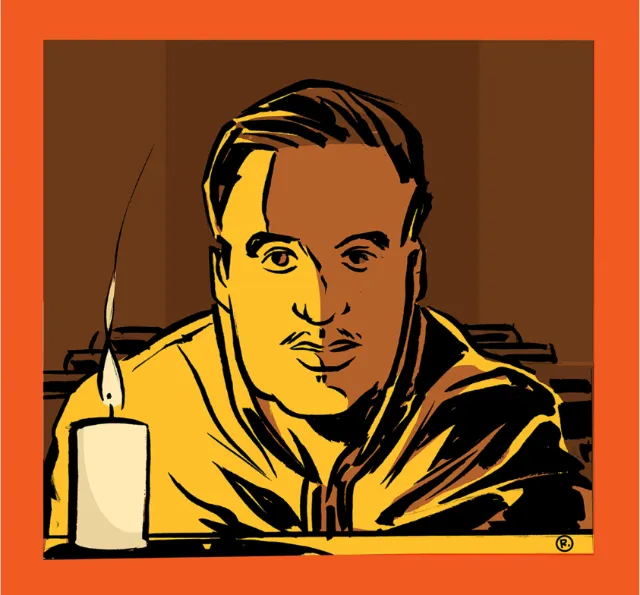 Man illuminated by candlelight, illustrated by Thilo Rothacker
