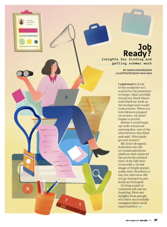 Woman balancing work and family roles surrounded by office and home items by Hao Hao