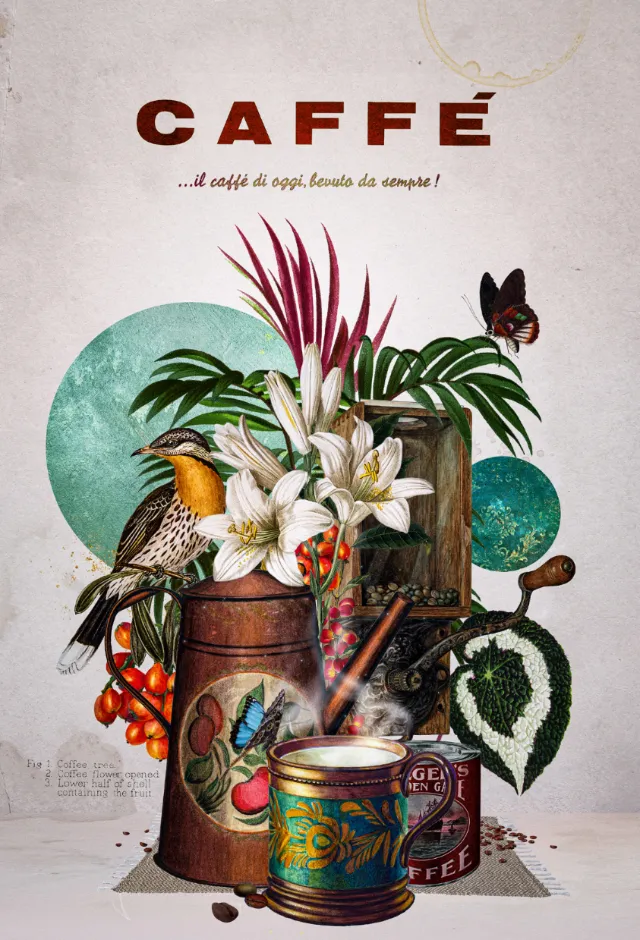 Vintage coffee still life with birds and tropical plants by Patrick Boyer