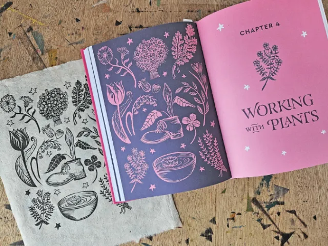 Open book with botanical illustrations and chapter title Working with Plants by Becca Thorne