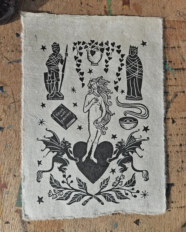 Becca Thorne black and white tarot card style illustration with figures and symbols