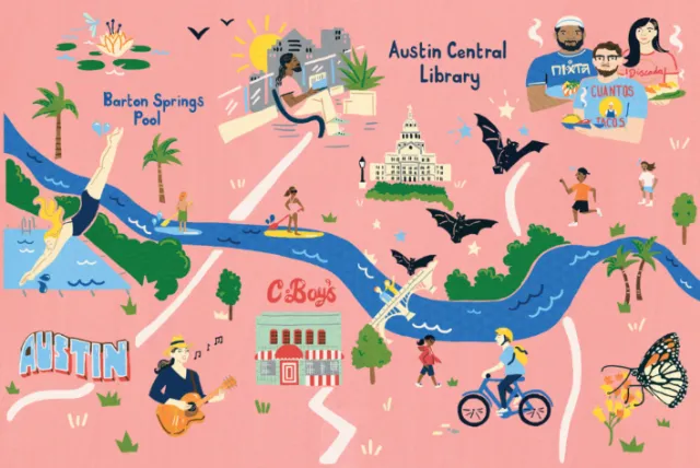 Illustrated map of Austin Texas with landmarks and activities by Vicky Scott