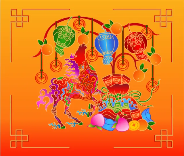 Colorful Chinese zodiac horse with lanterns and fruit by Chrissy Lau