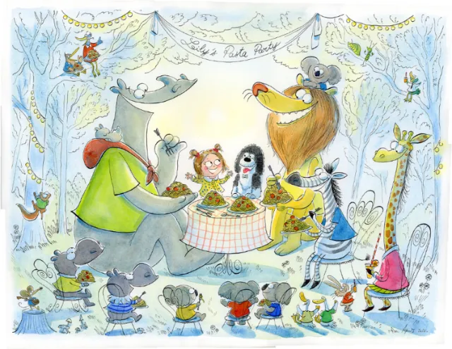 Whimsical animal tea party scene by Agnès Ernoult