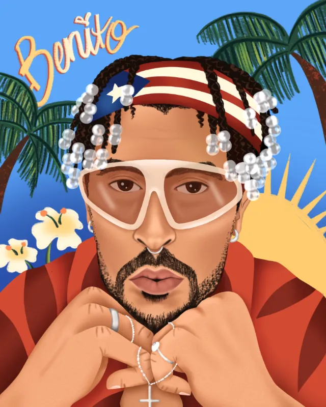 Alyah Holmes illustration of Bad Bunny with Puerto Rican flag headband