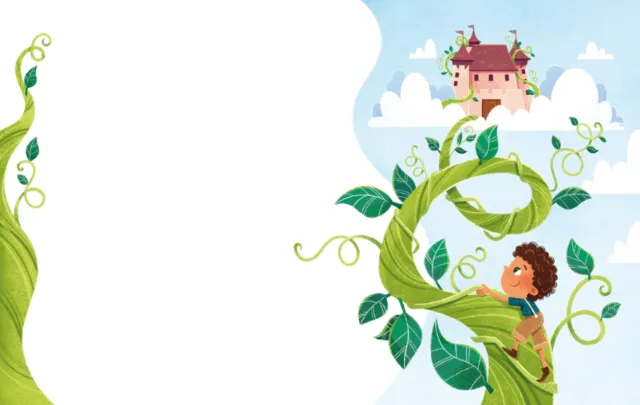 Jack climbing giant beanstalk towards castle illustration by Isa Sonntag