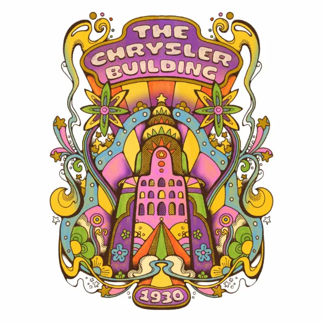 Psychedelic 1960s style Chrysler Building illustration by Laura Greenan