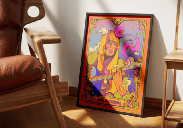 Psychedelic 1960s portrait of music icon with guitar by Laura Greenan