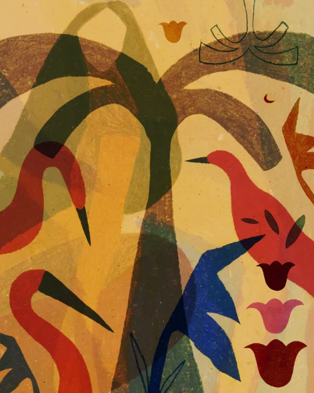 Abstract birds and floral shapes in warm colors by Barbara Tamilin