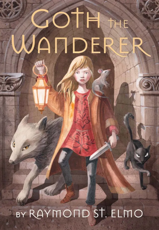 Book cover of Goth the Wanderer with girl holding lantern, wolf, cat, and bird by Victoria Fomina