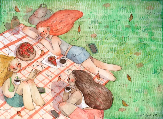 Three women lying on a blanket having a picnic outdoors by Martina Curiotto