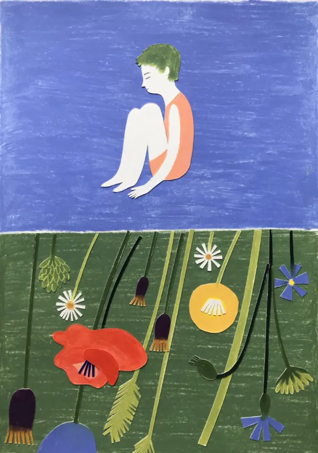 Abstract seated figure above field of colorful flowers by Juliana Penkova