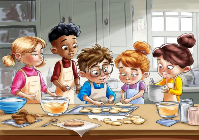 Five children baking cookies in kitchen by Carsten Mell