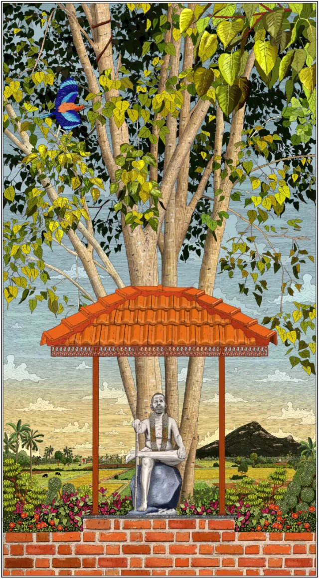 Spiritual portrait artwork of Indian saint Ramana Maharshi