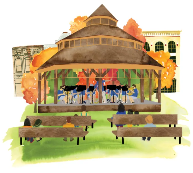 Watercolor of outdoor band playing in gazebo with audience benches by Jennifer Maravillas-Bell