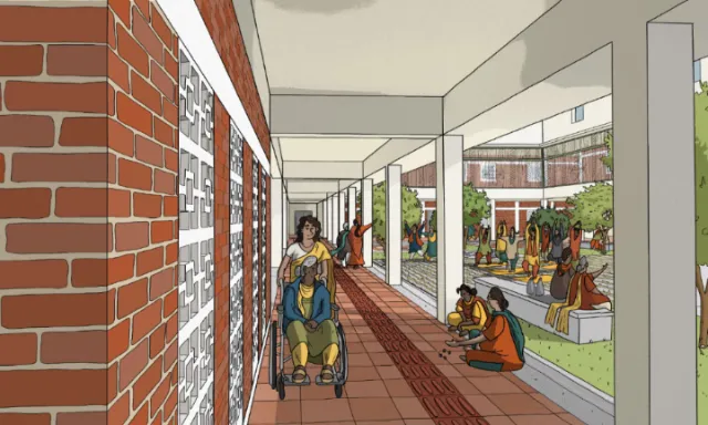 State Home for Women courtyard with people, by Jack Sweet
